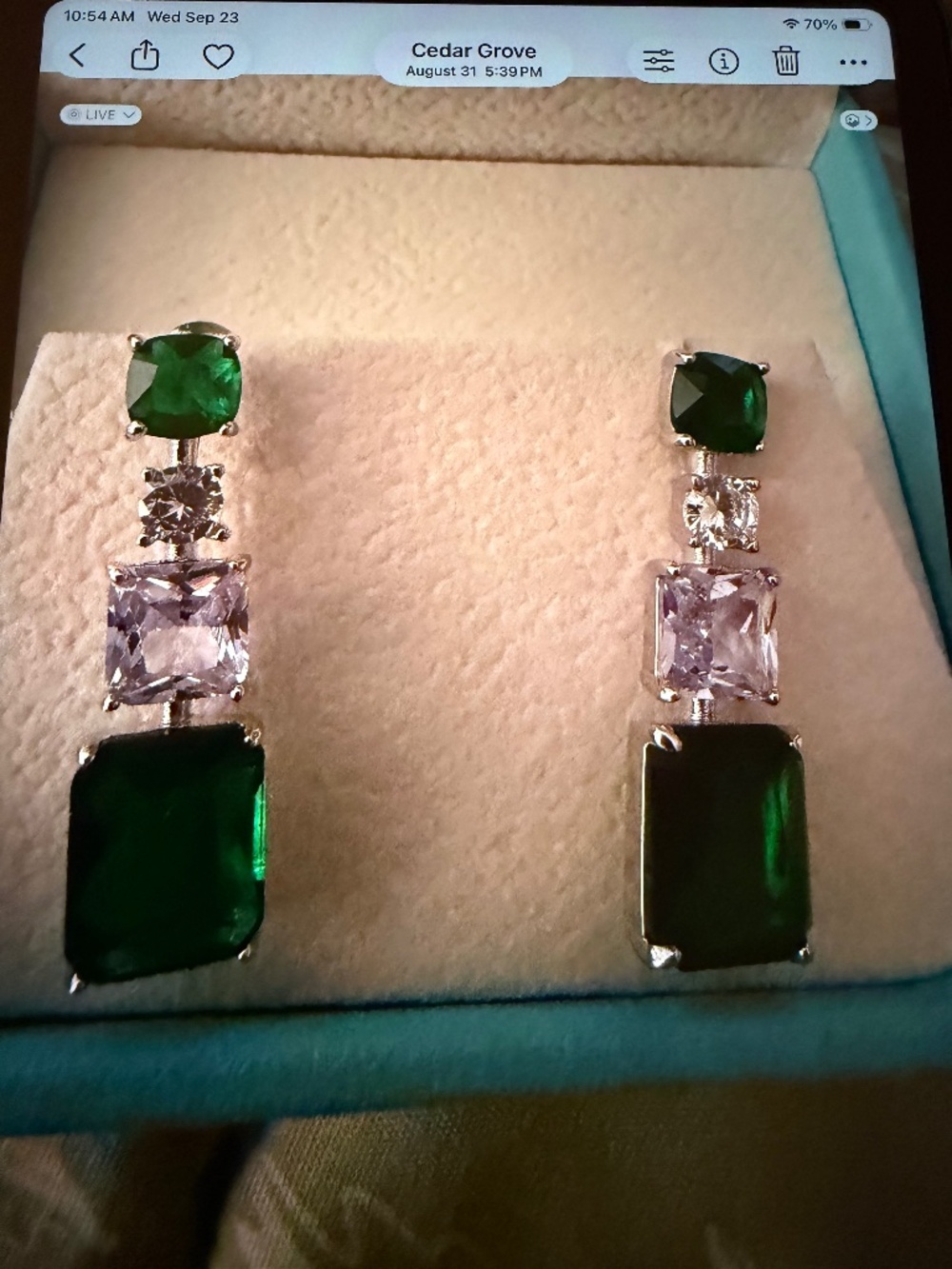Emerald, White Topaz, and White Sapphire Earrings: 14kt White Gold/Silver
